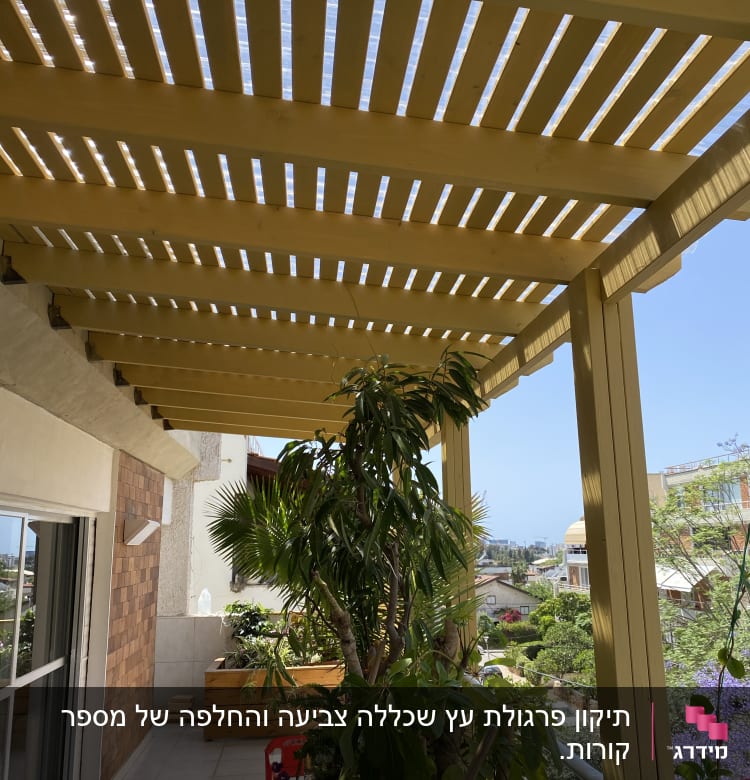 פרגולה מעץ עם צמחים ועציצים במרפסת